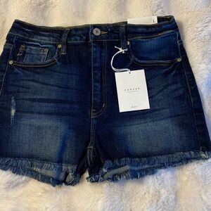 NWT Kancan Women's Sz Large High Rise Dark Wash Cut Off Denim Shorts
